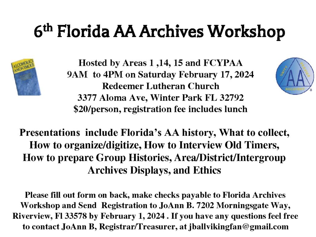 thumbnail of 2024 6th Florida AA Archives Workshop Flyer as of July 18 2023