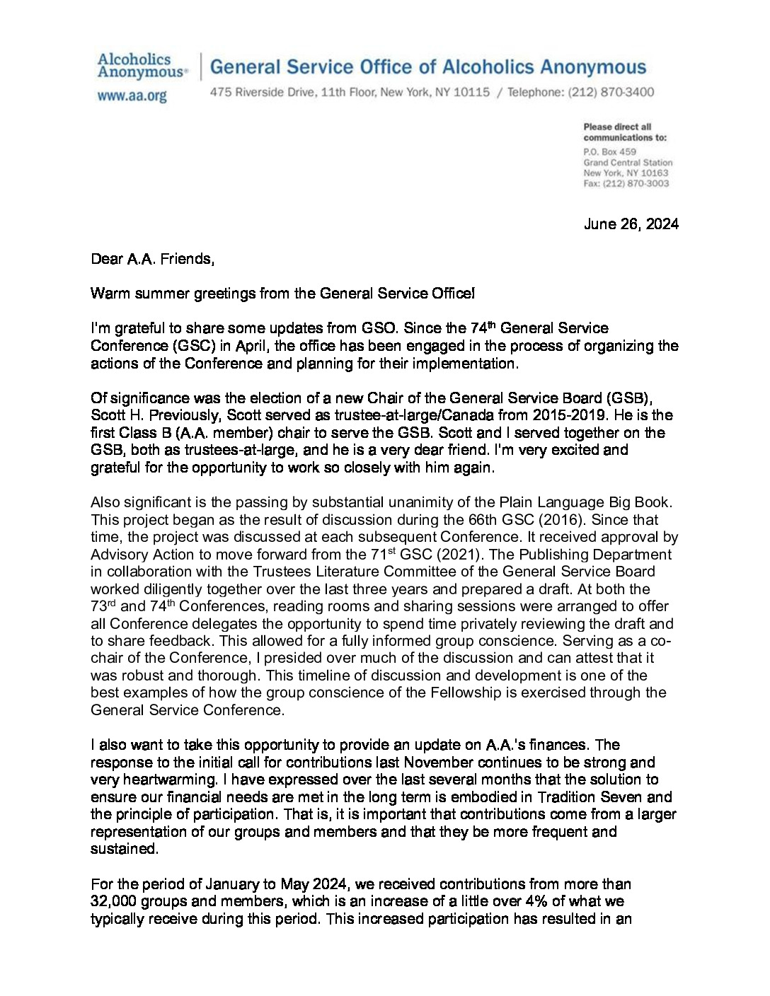 Communications from the General Service Office
