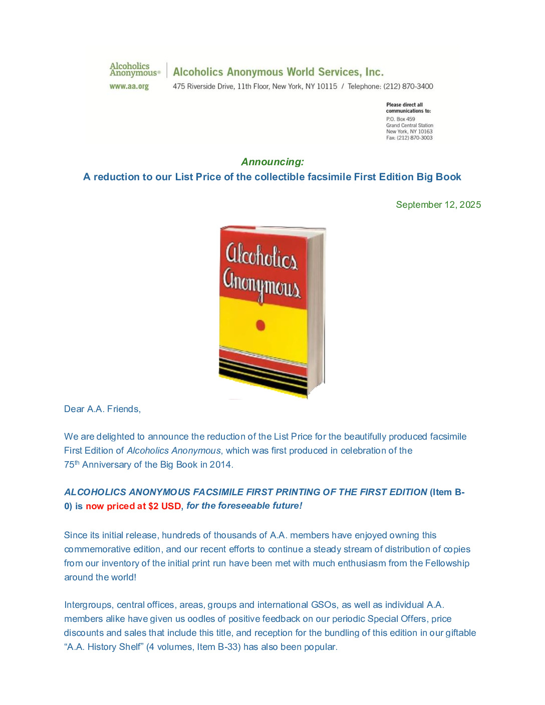 thumbnail of reduction to our List Price of the collectible facsimile First Edition Big Book