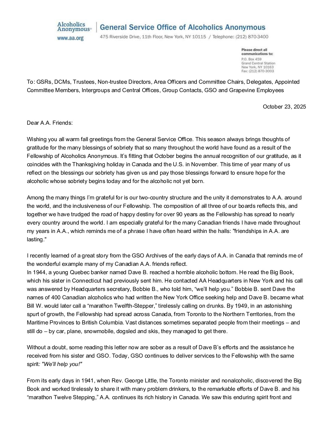 thumbnail of Fall greetings from the General Service Office